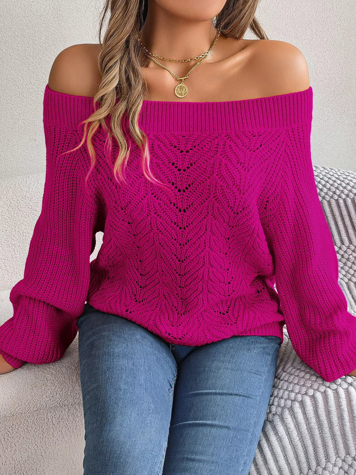 Openwork Off-Shoulder Sweater