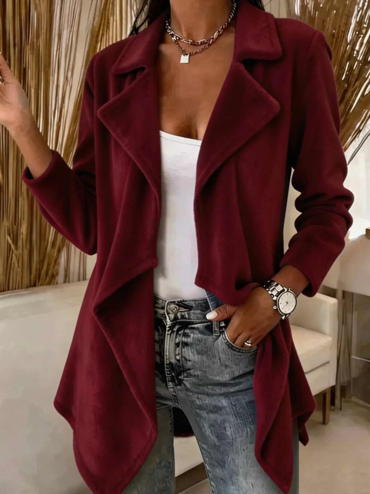 Full Size Fleece Waterfall Collar Outerwear Plus Size in Burgundy