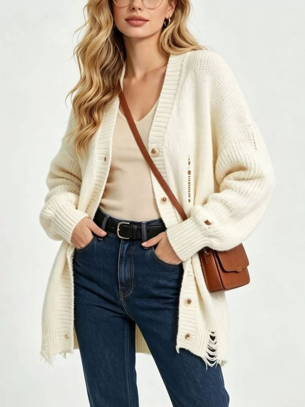 Full Size Distressed Oversized V-Neck Button-Down Cardigan Plus Size in Beige