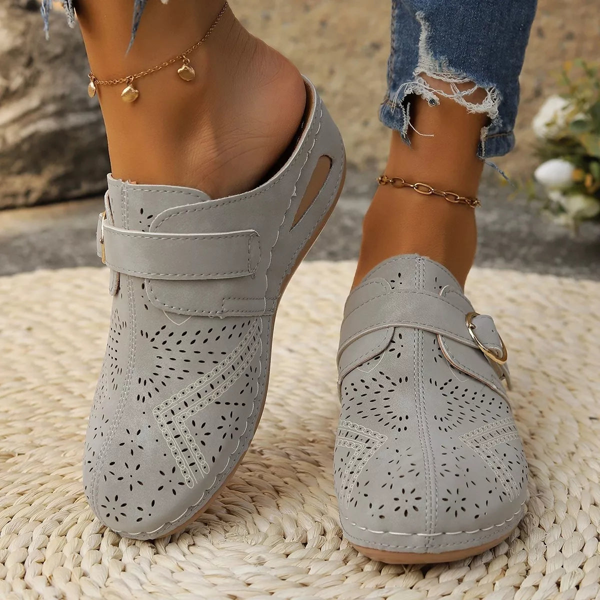 Casual Buckle Slip-Ons in Grey