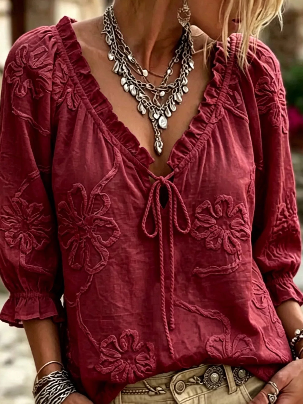 Floral Tie Neck 3/4 Sleeve Blouse