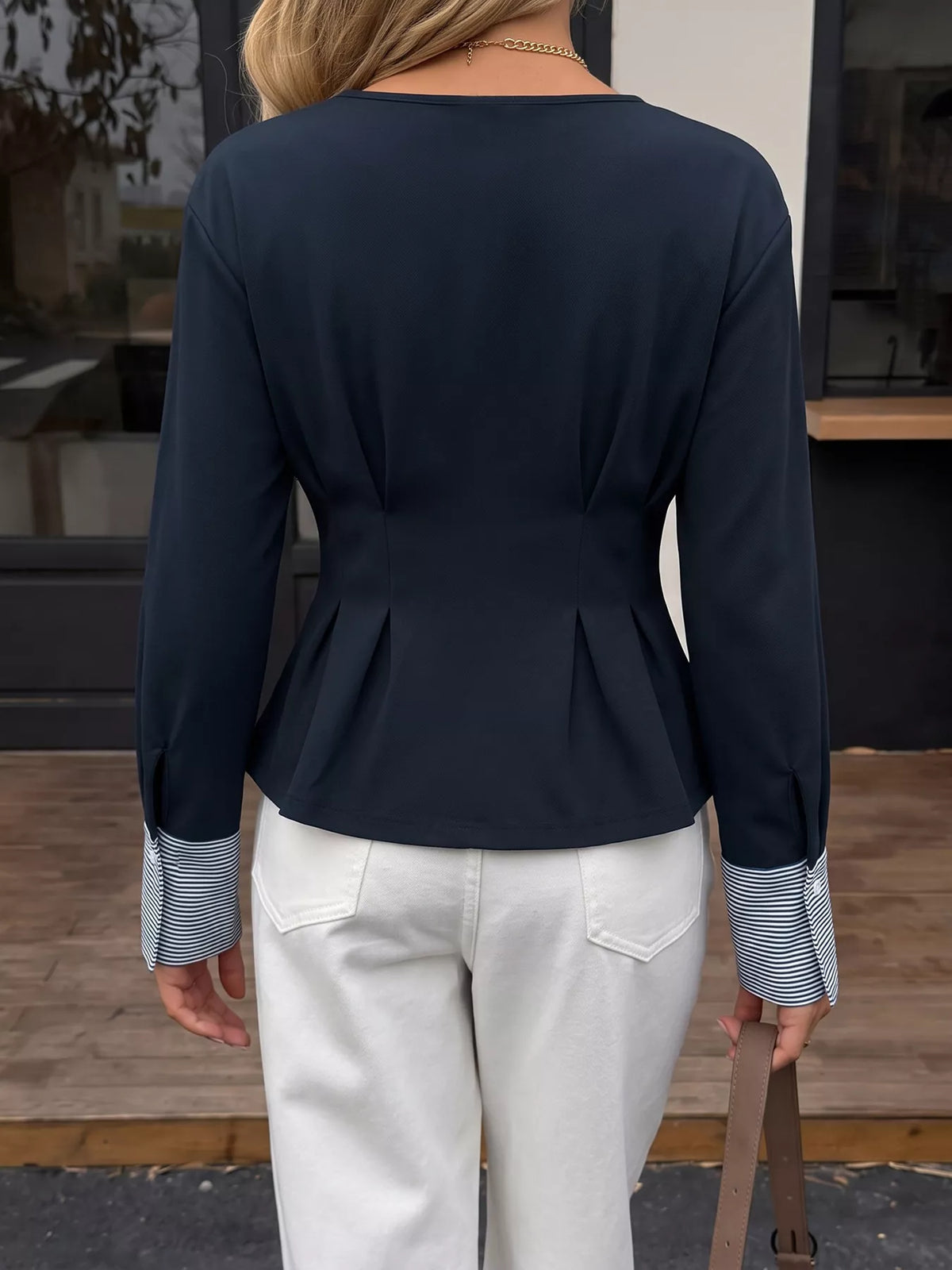 Round Neck Peplum Top with Striped Cuffs in Dark Blue, view 6