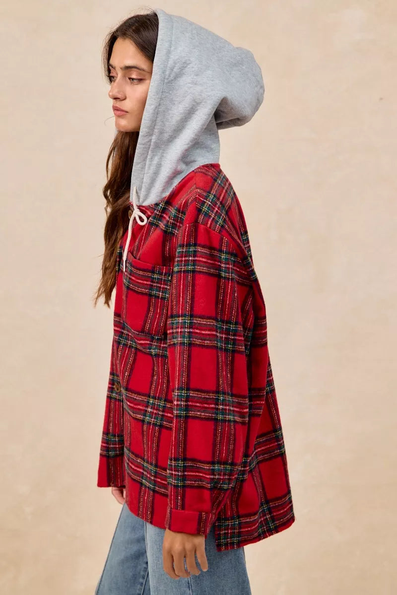 BiBi Brushed Plaid Hooded Jacket in Red Plaid, view 17