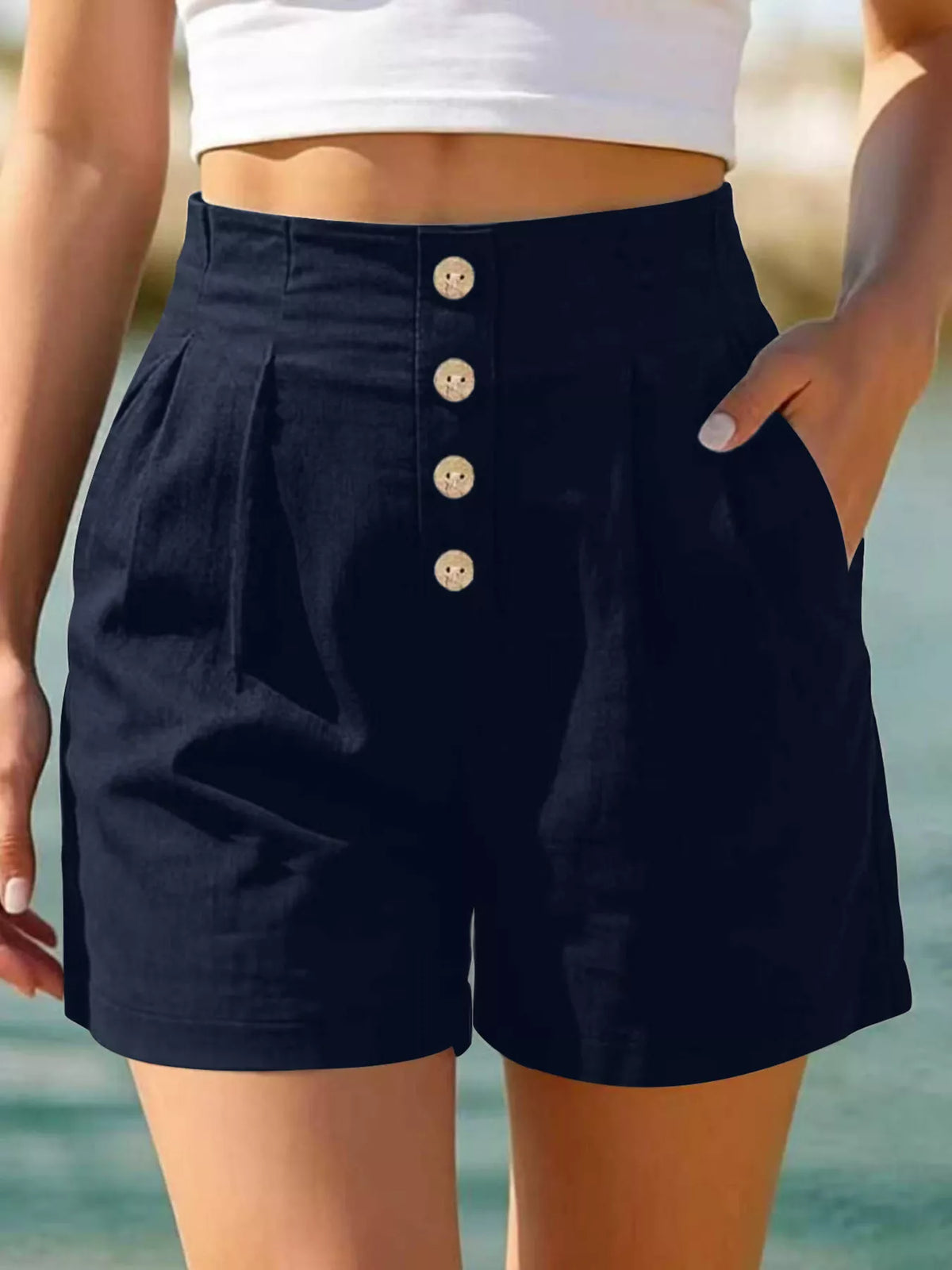 Button Fly High Waist Shorts in Navy Blue