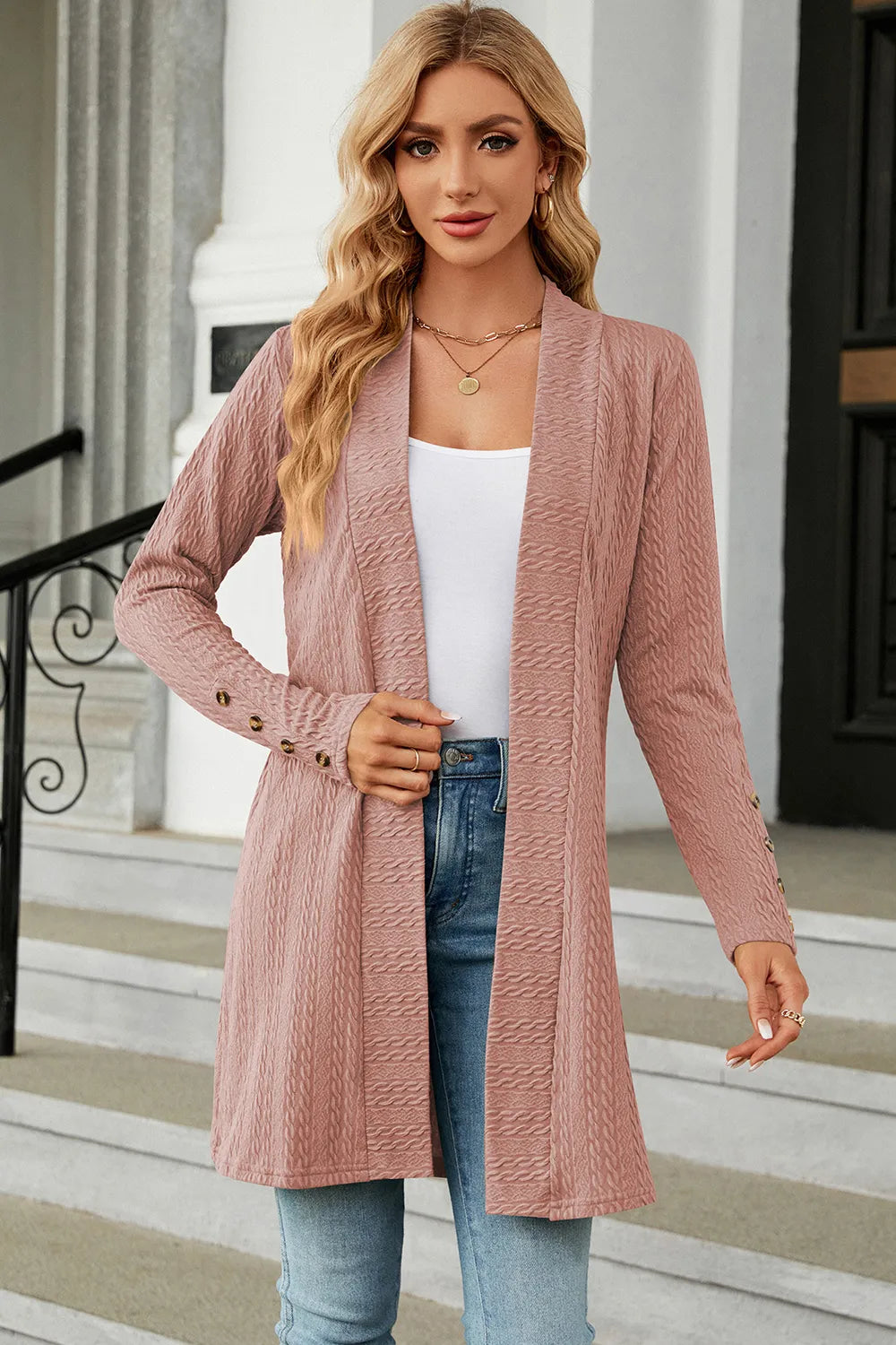 Open Front Long Sleeve Cardigan in Dusty Pink