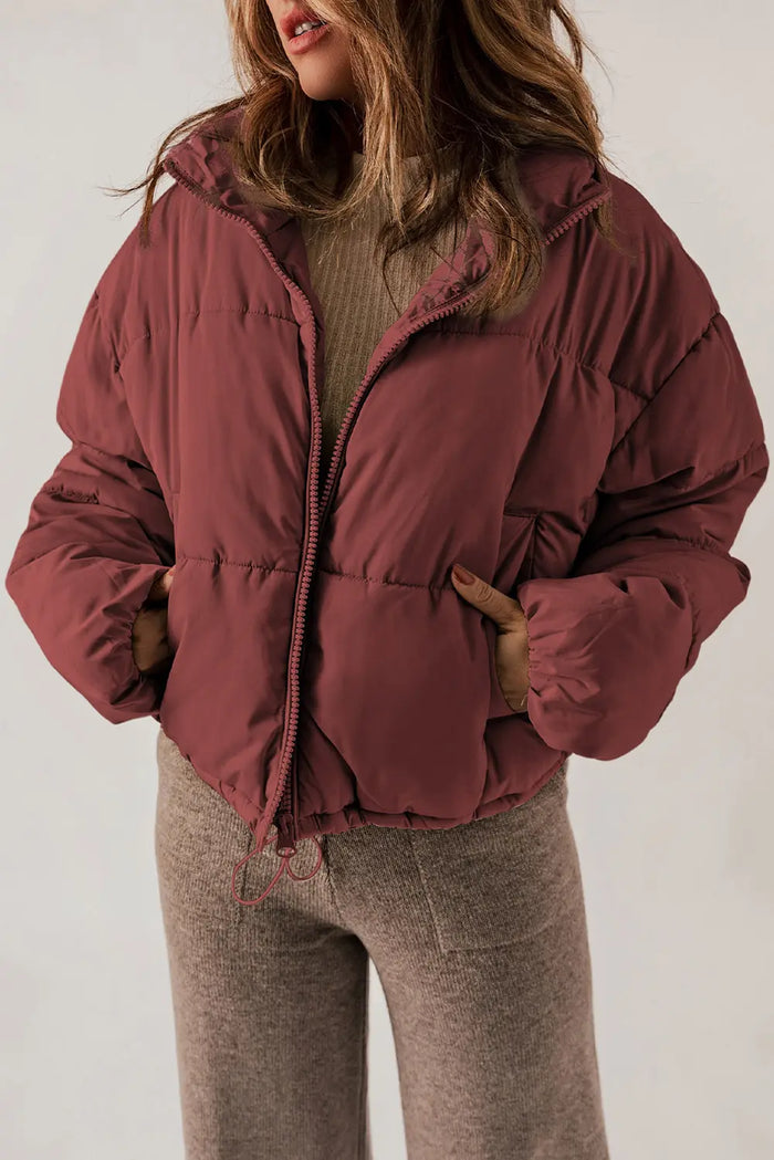 Zip Up Collared Neck Long Sleeve Winter Coat - Lilixa.store