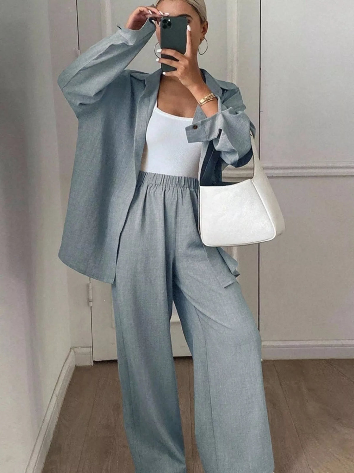Button-Down Shirt and Wide-Leg Pants Set in Light Blue