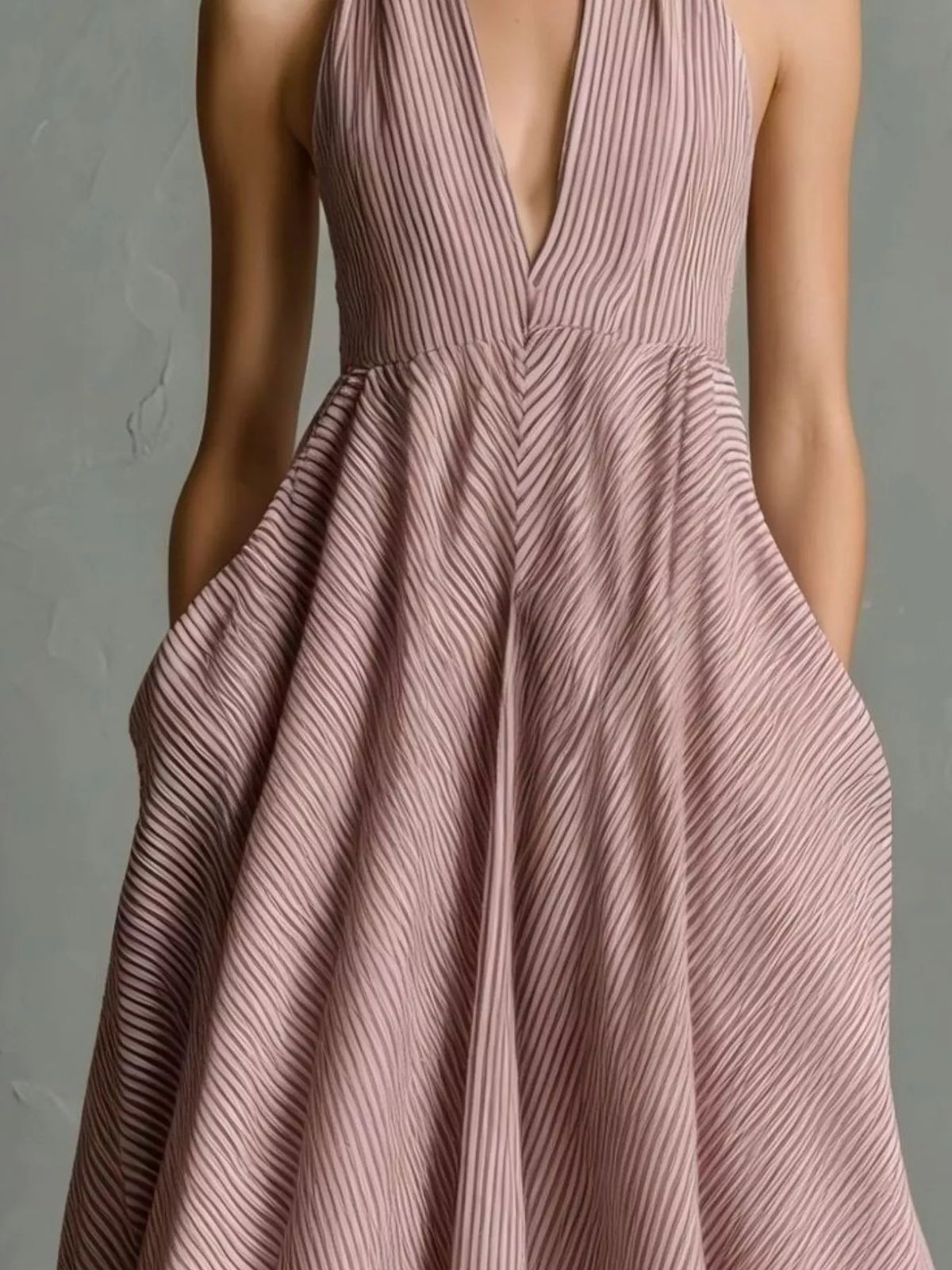 Full Size Striped Halter Neck Maxi Dress with Pockets Plus Size - Lilixa.store