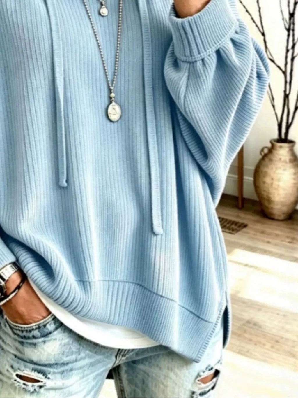 Drawstring Ribbed Knit Hoodie - Lilixa.store