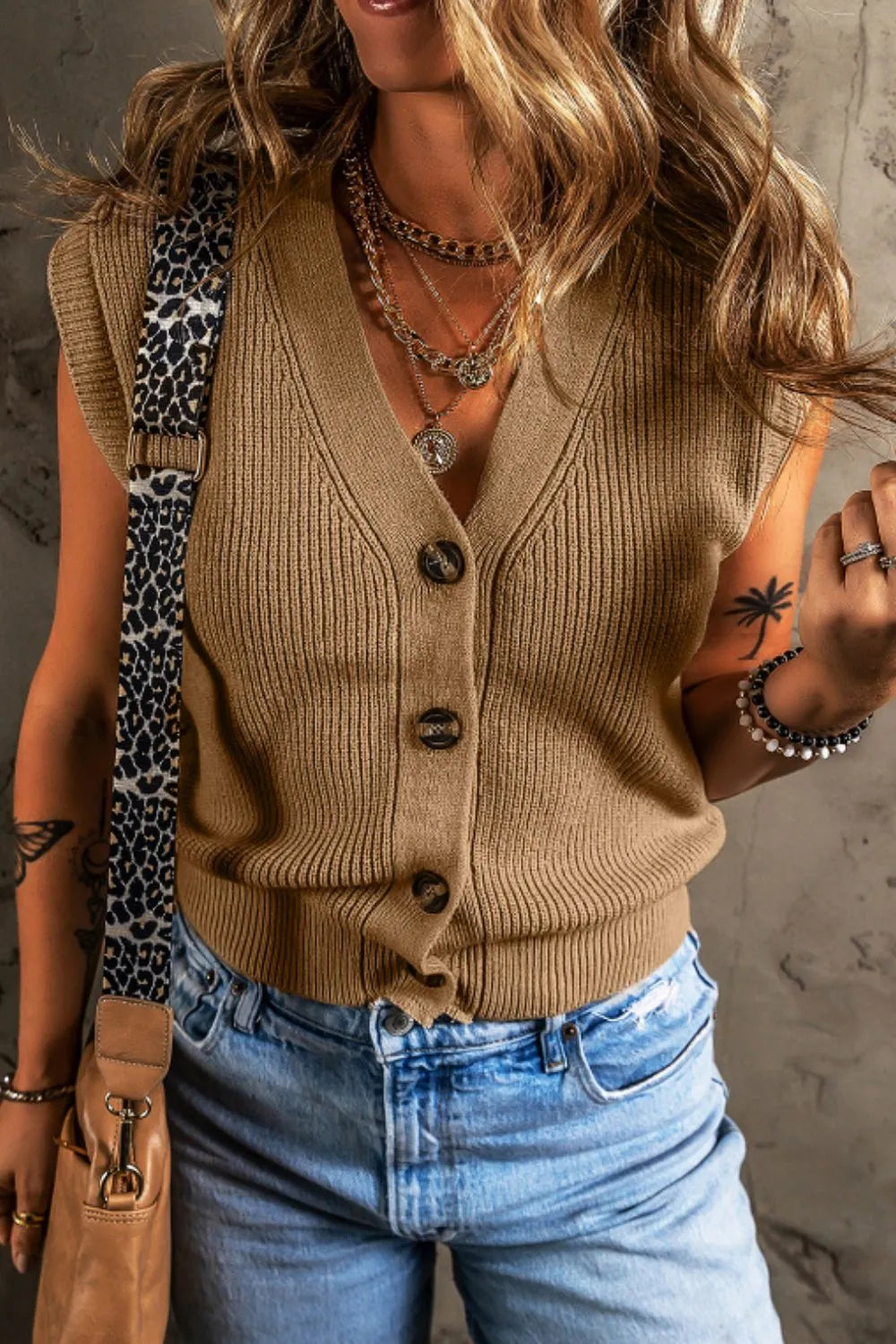 Button Up V-Neck Sweater Vest in Camel, view 3