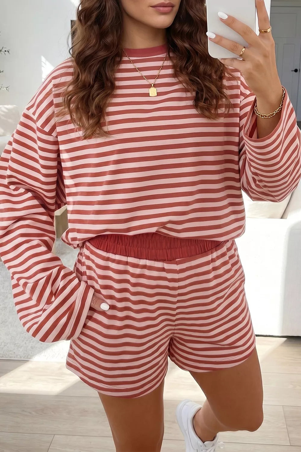 Stripe Relaxed Long Sleeve Top Contrast Elastic Waistband Short Set - Lilixa.store