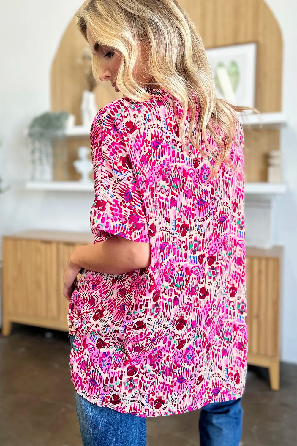 Double Take Full Size Printed V-Neck Short Sleeve Blouse - Lilixa.store