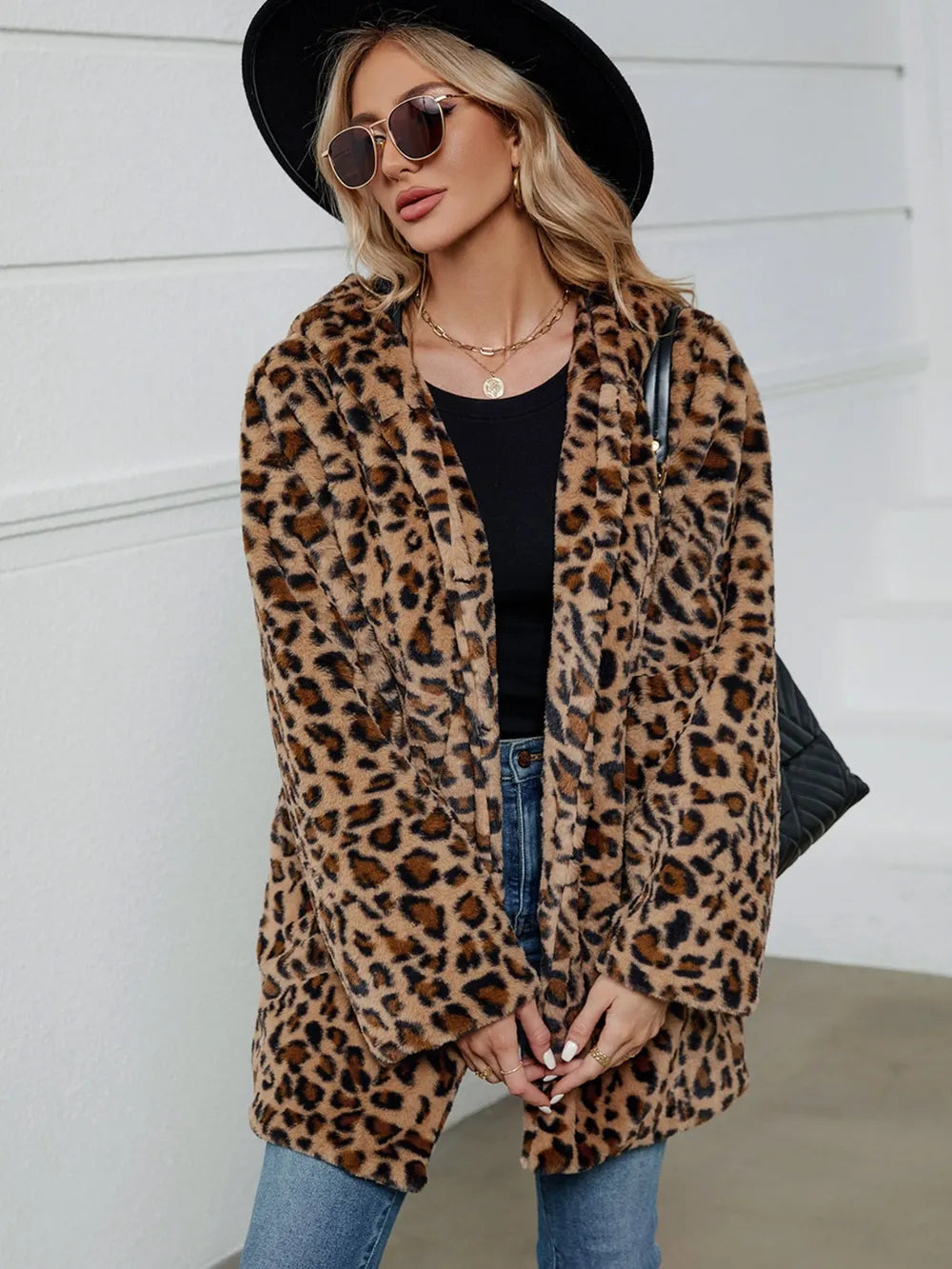 Fuzzy Leopard Hooded Long Sleeve Jacket, view 4