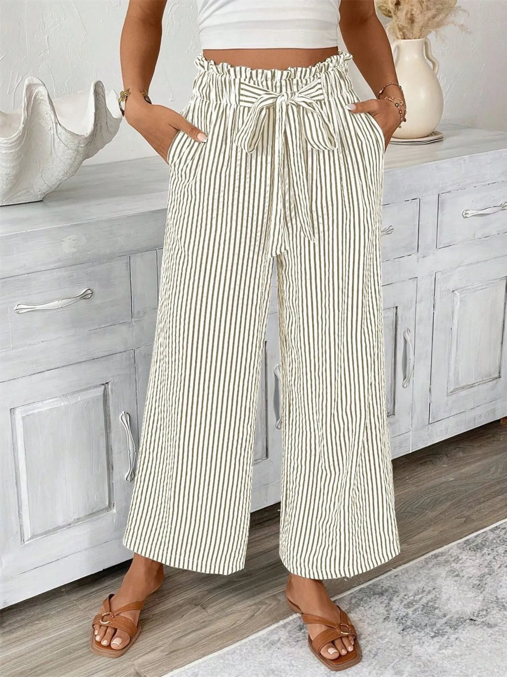 Full Size Striped Wide Leg Paper Bag Pants Plus Size - Lilixa.store