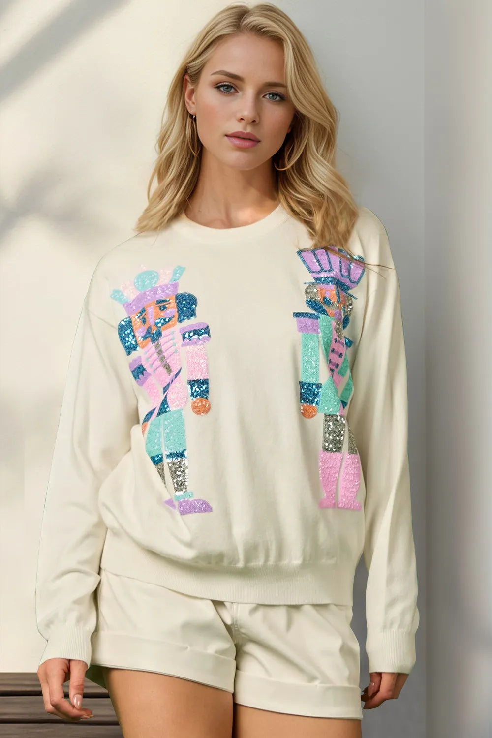Double Take Full Size Sequin Nutcracker Long Sleeve Sweater in Cream