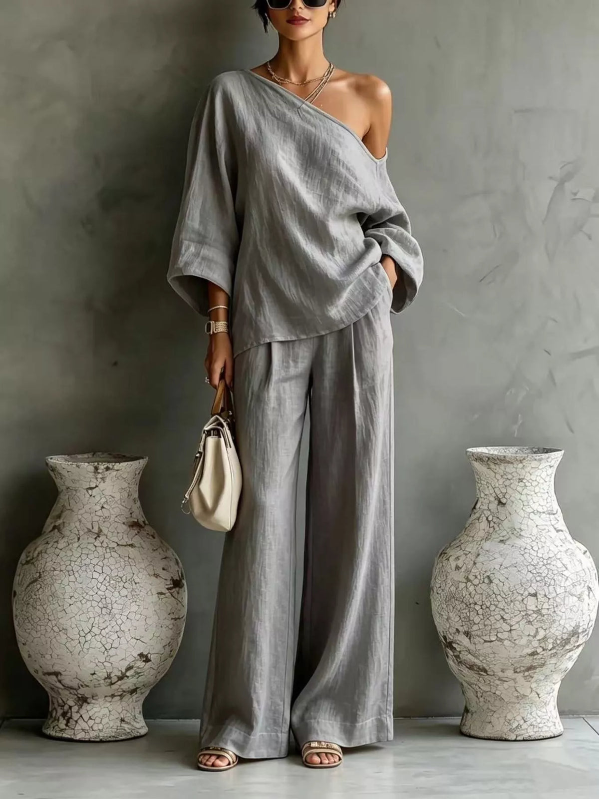 One Shoulder Top and Wide Leg Pants Set - Lilixa.store