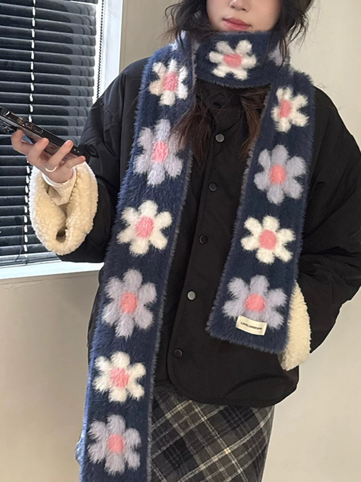 Floral Fuzzy Knit Scarf - Lilixa.store