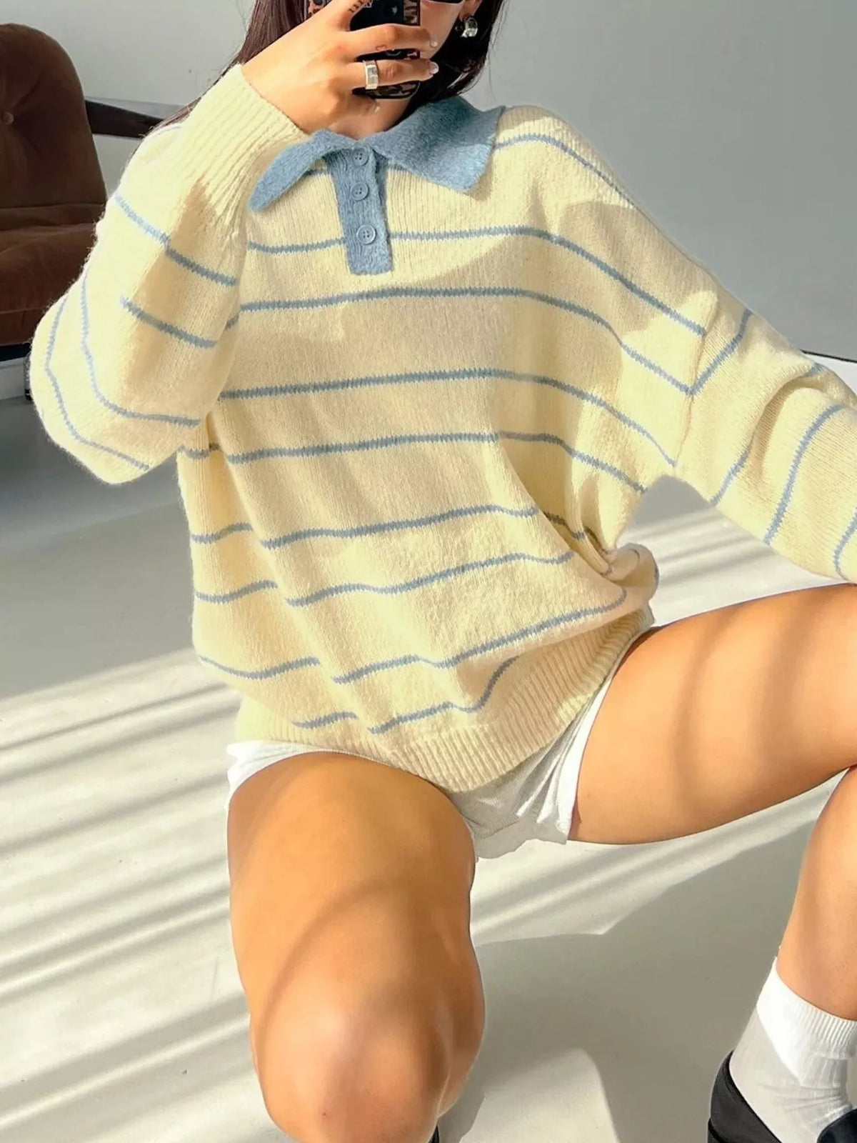 Striped Polo Collar Long Sleeve Sweater in Yellow, view 4