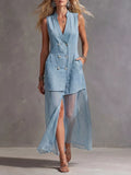 Sleeveless Double-Breasted Denim Maxi Dress - Lilixa.store