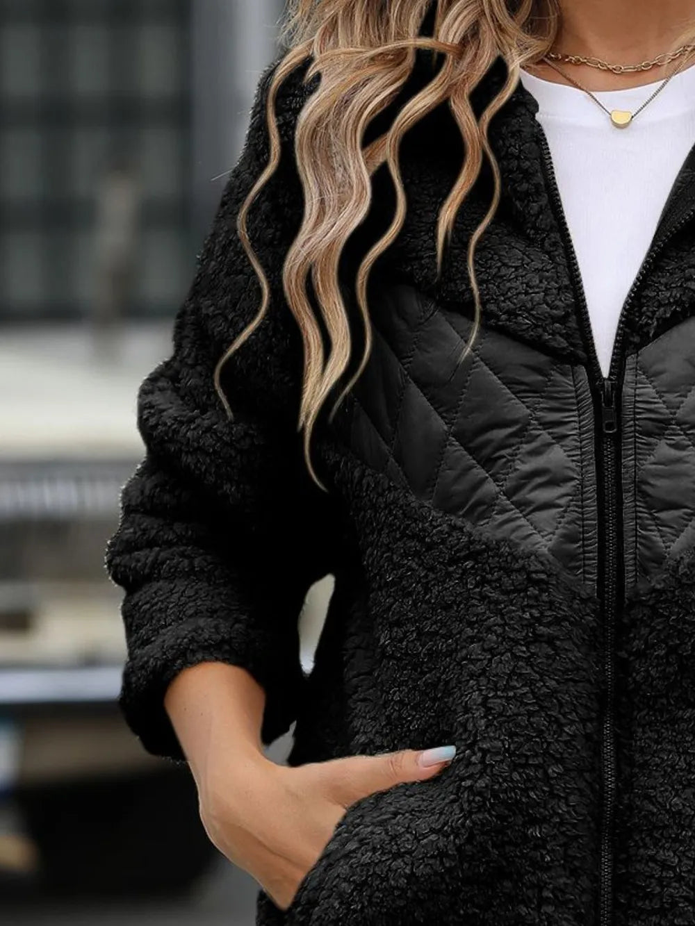Fuzzy Zip Up Long Sleeve Hooded Jacket, view 8