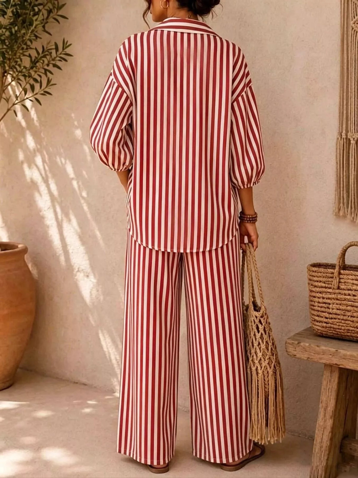 Full Size Striped Relaxed Fit Shirt and Wide-Leg Pants Set Plus Size - Lilixa.store