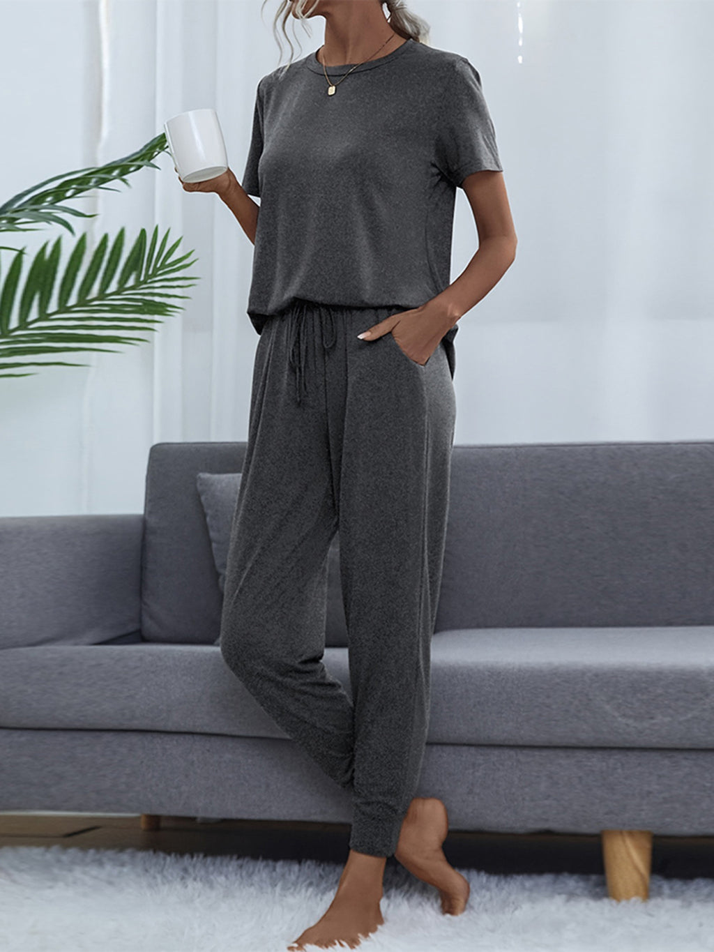 Shiny Round Neck Short Sleeve Top and Pants Set - Lilixa.store