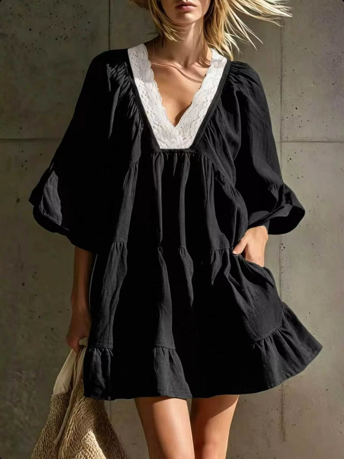 Full Size Lace Trim Puff Sleeve Mini Dress Plus Size