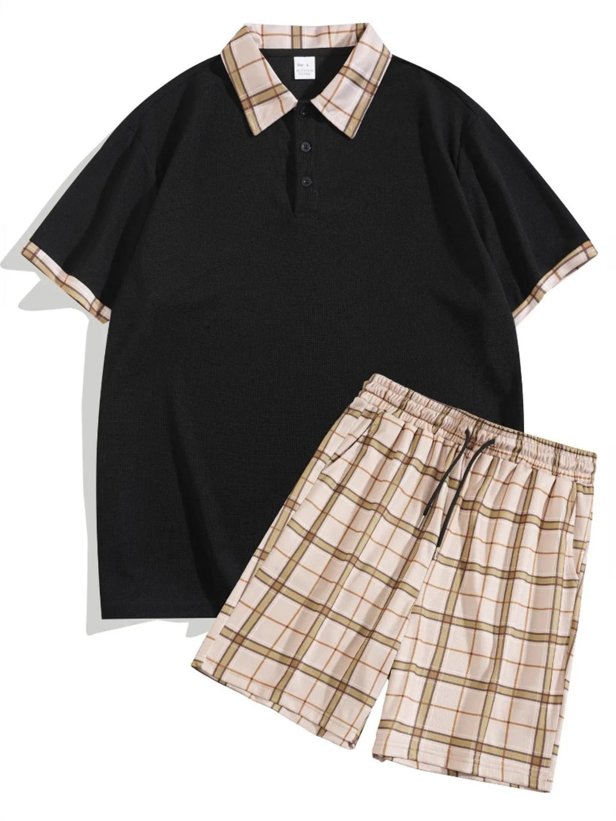 Men's Full Size Classic Plaid Collar Polo and Shorts Set Plus Size in Black