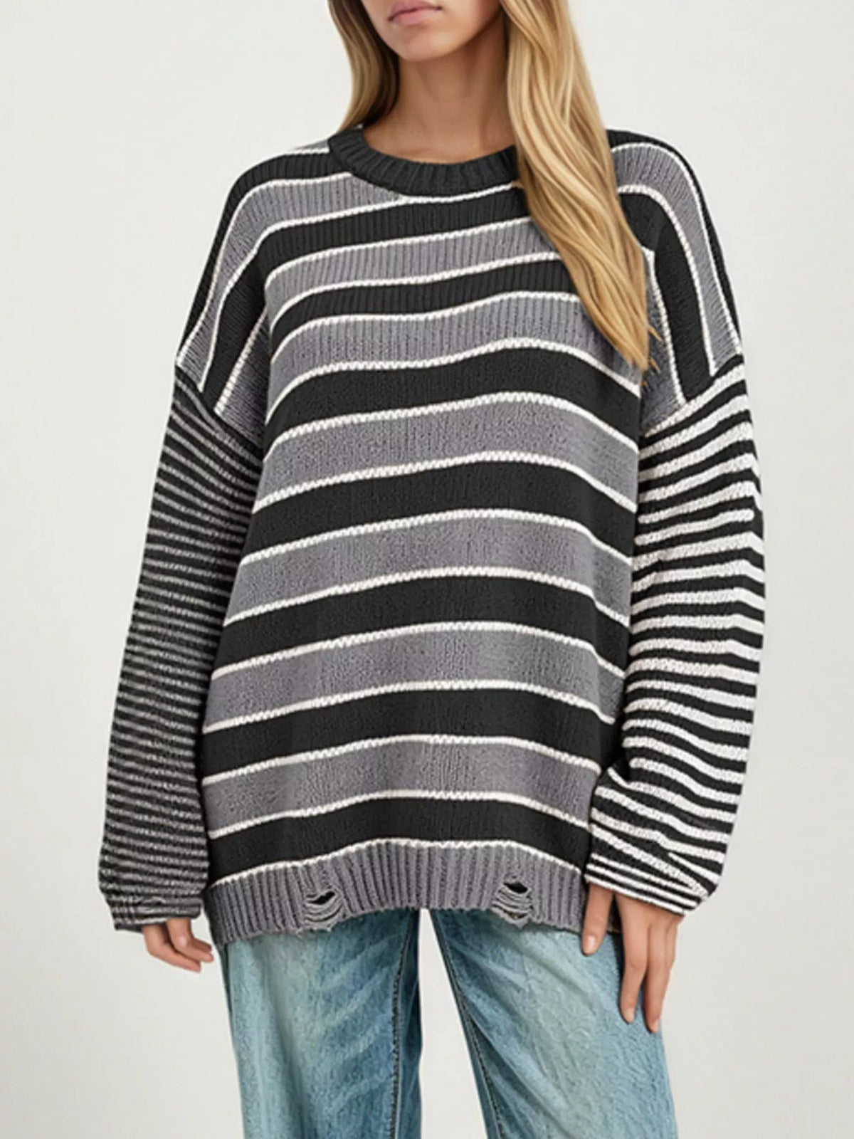 Oversized Striped Distressed Sweater - Lilixa.store