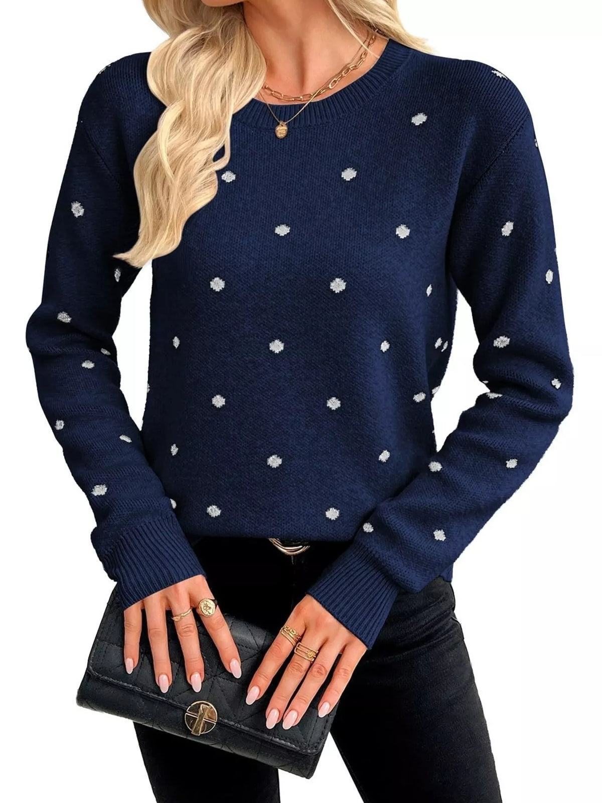 Polka Dot Crew Neck Sweater - Lilixa.store