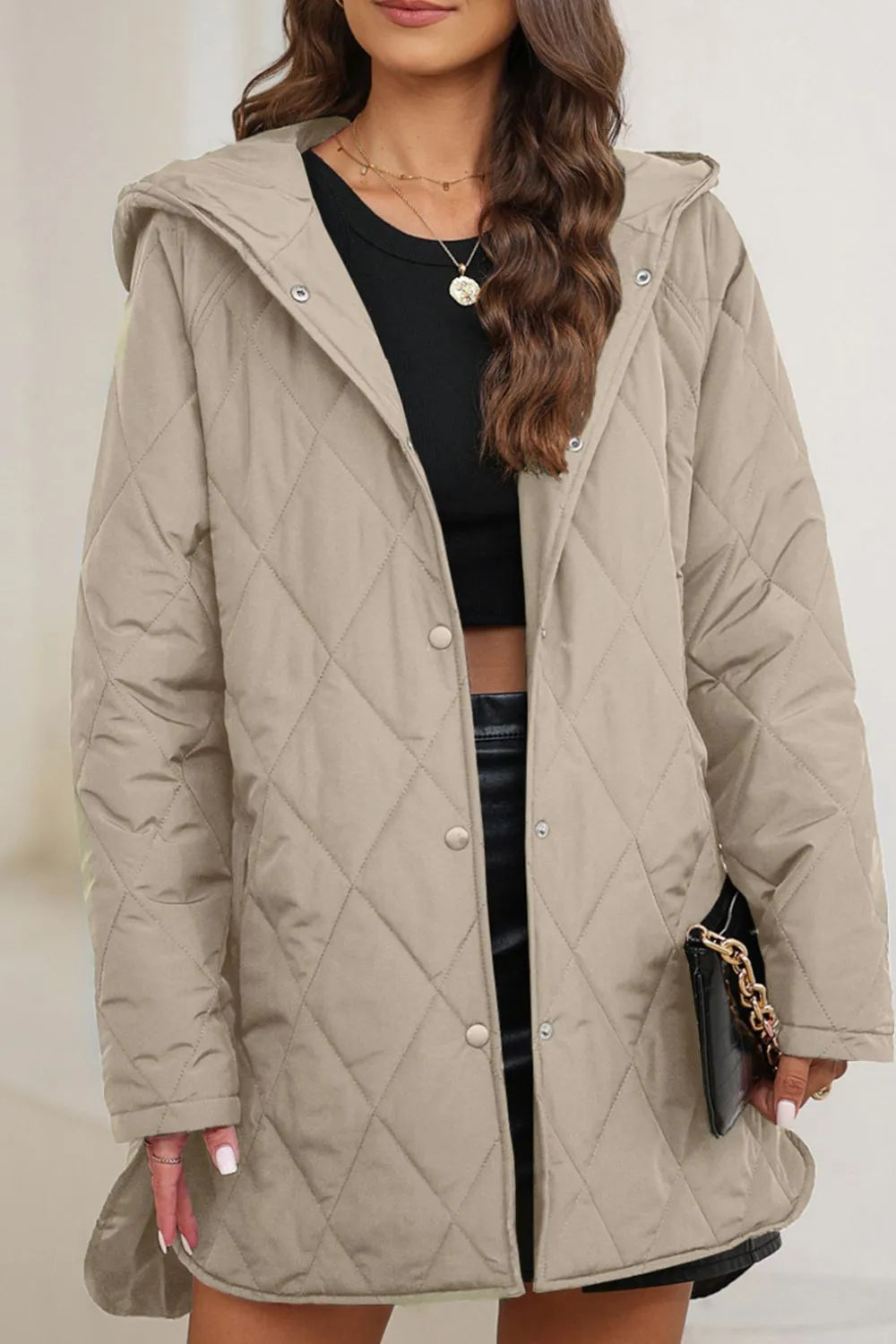Snap Down Long Sleeve Quilted Winter Coat - Lilixa.store