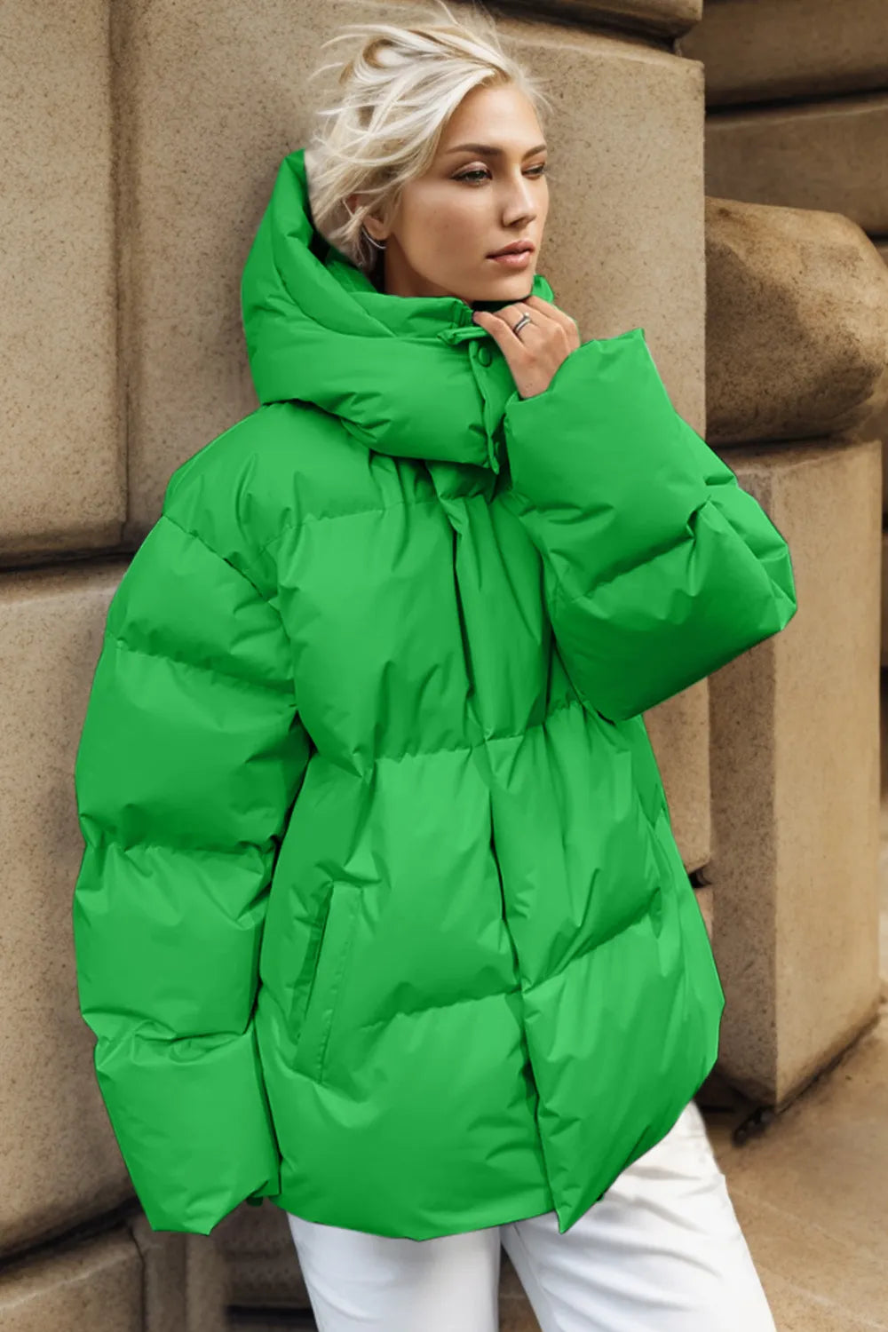 Pocketed Zip Up Hooded Puffer Jacket, view 16