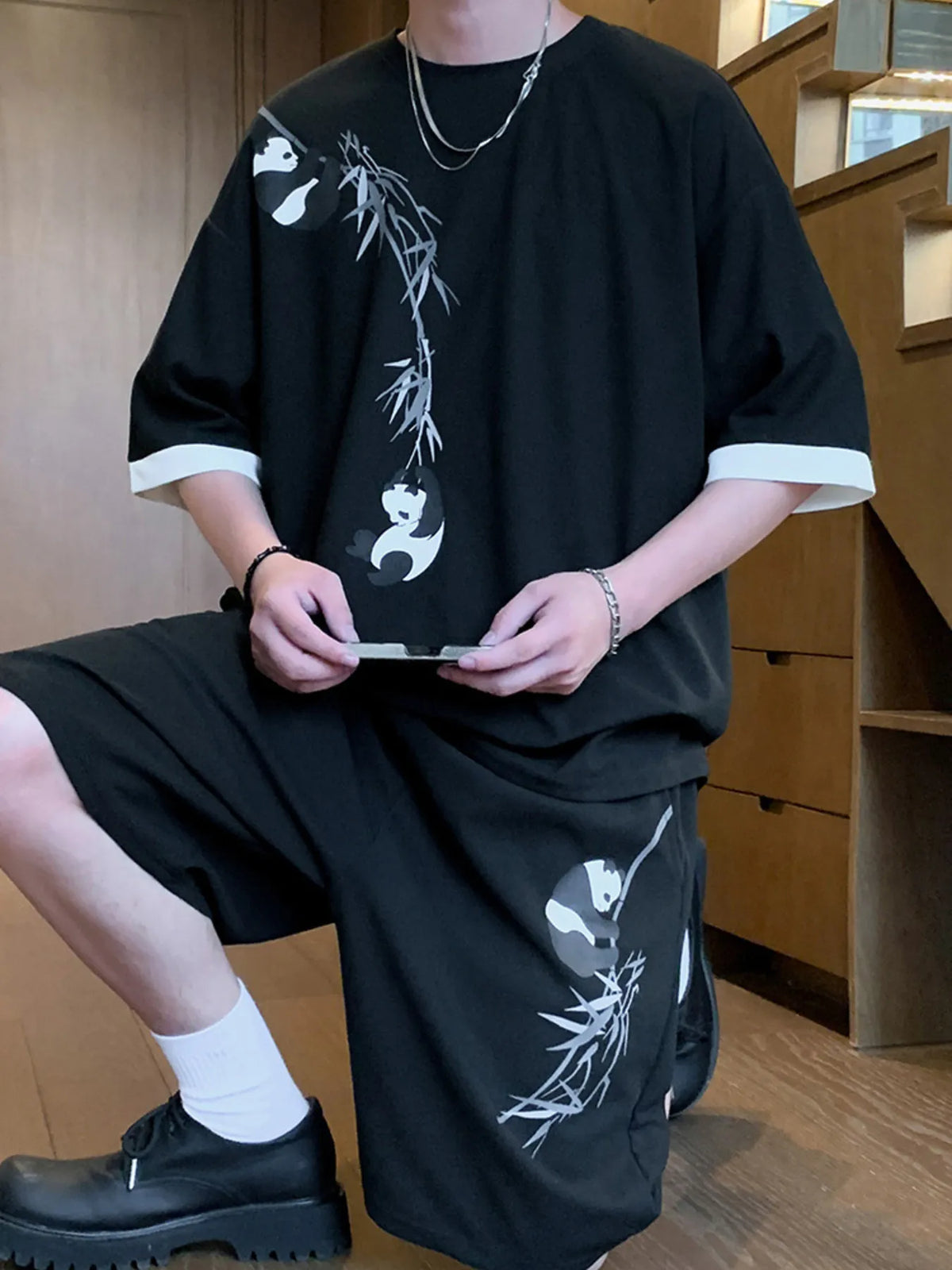 Men's Full Size Panda Bamboo Print Tee and Shorts Set Plus Size - Lilixa.store