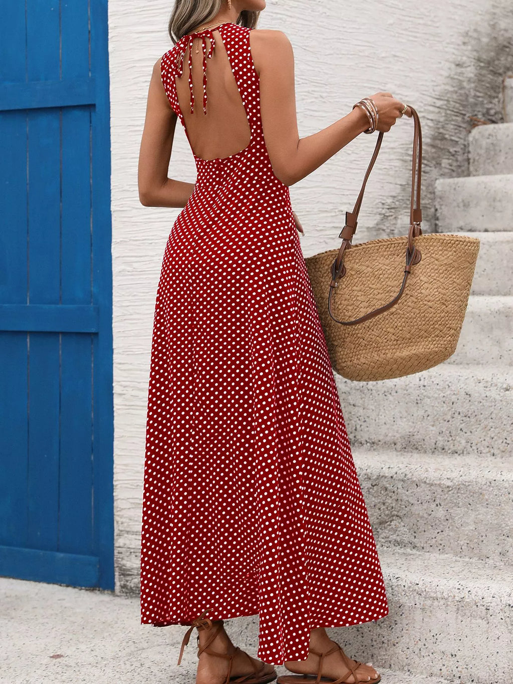 Sleeveless Polka Dot Maxi Dress, view 7