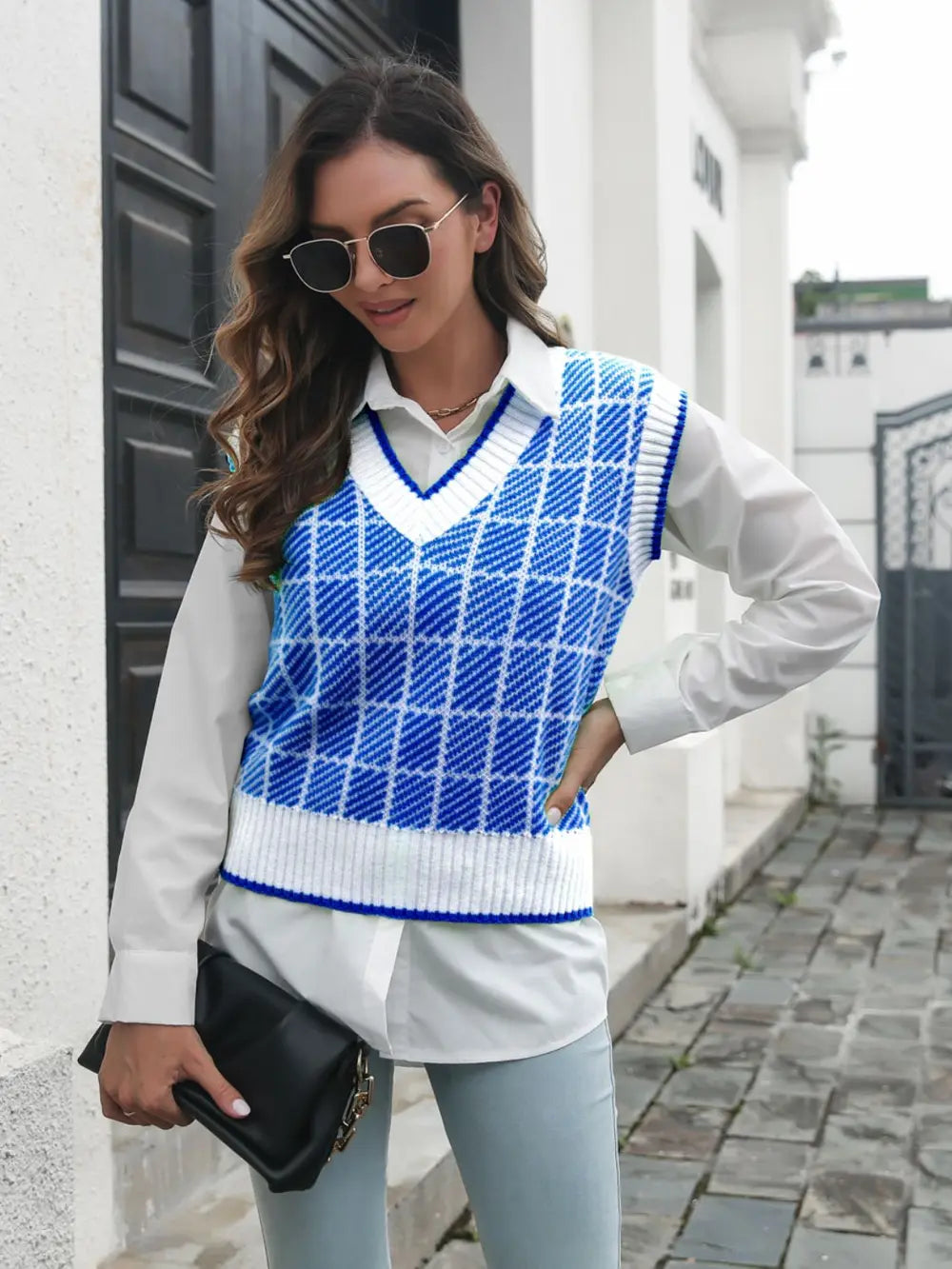 Plaid V-Neck Sweater Vest in Peacock Blue