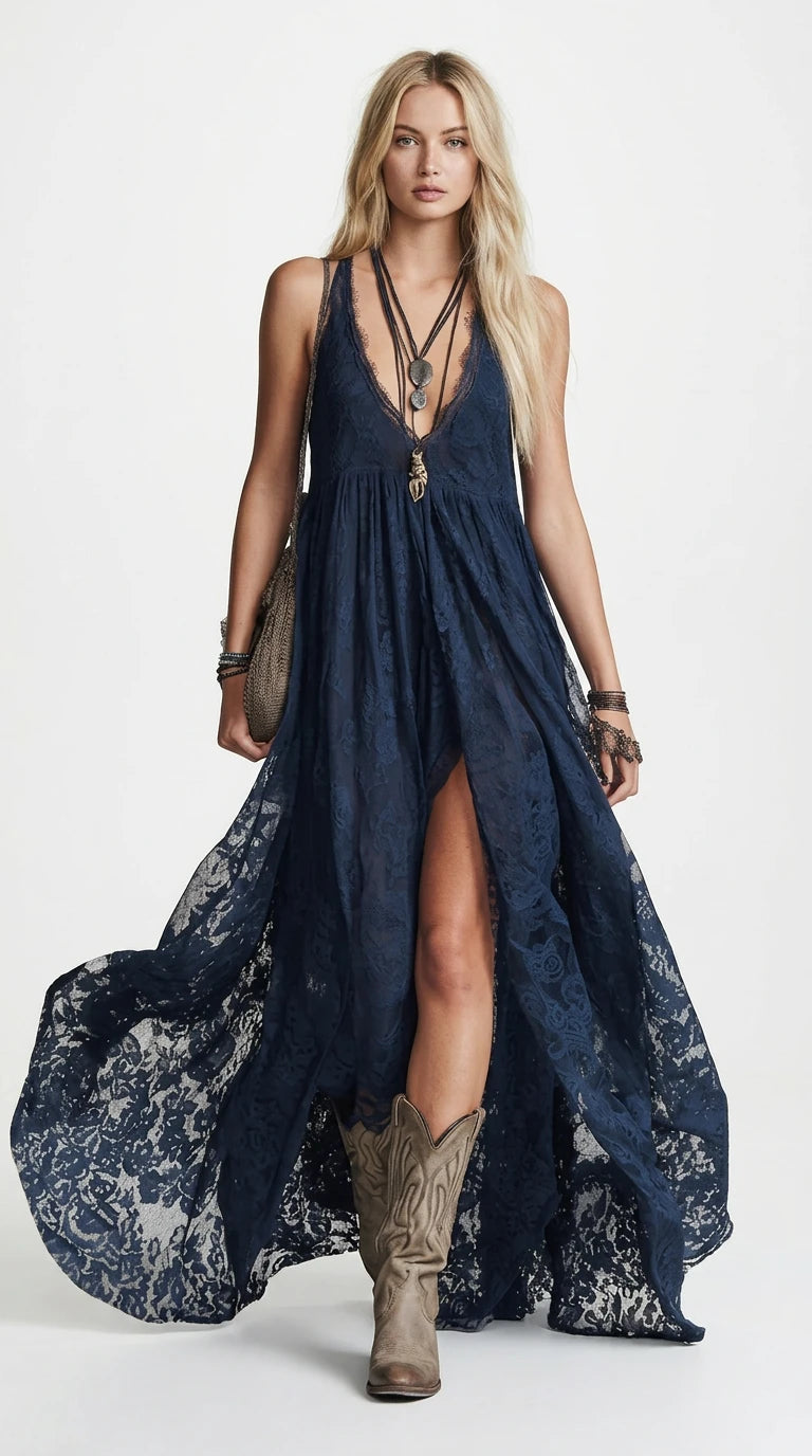 Lace Maxi Dress with High Slit in Dark Blue