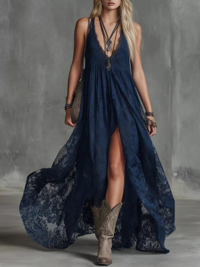 Lace Maxi Dress with High Slit - Lilixa.store