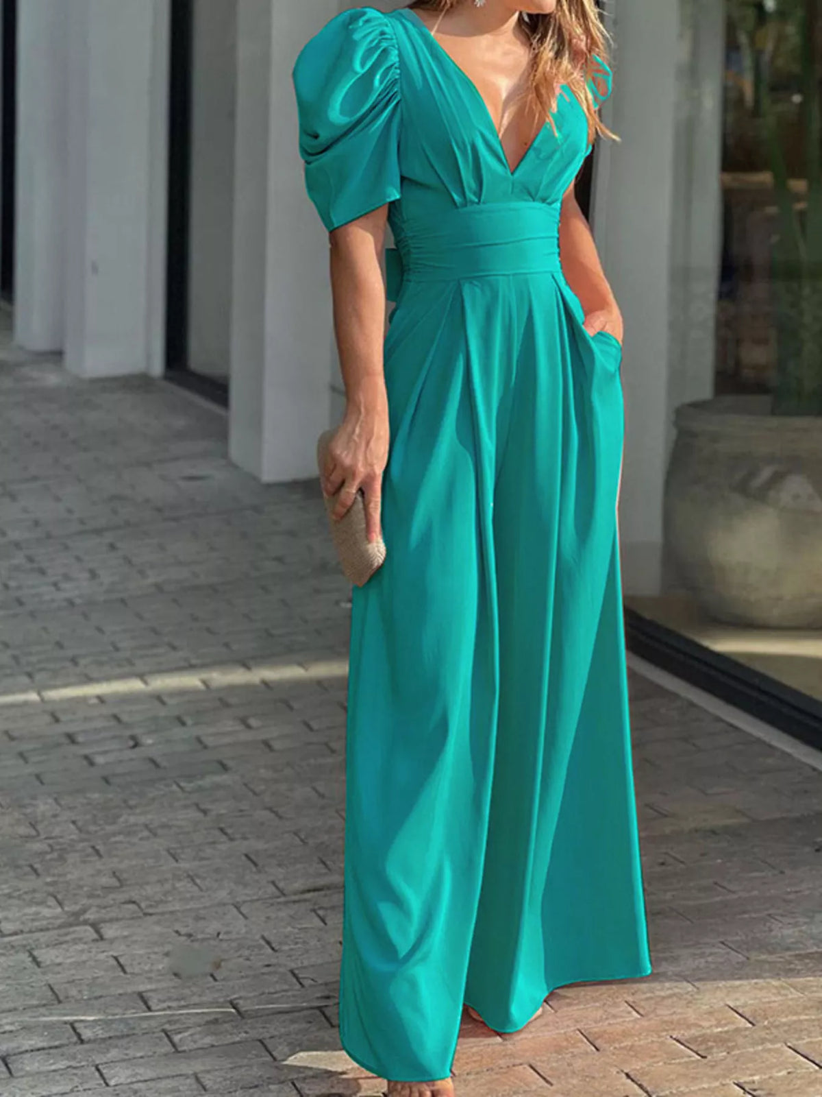 Puff Sleeve Wide Leg Jumpsuit in Teal