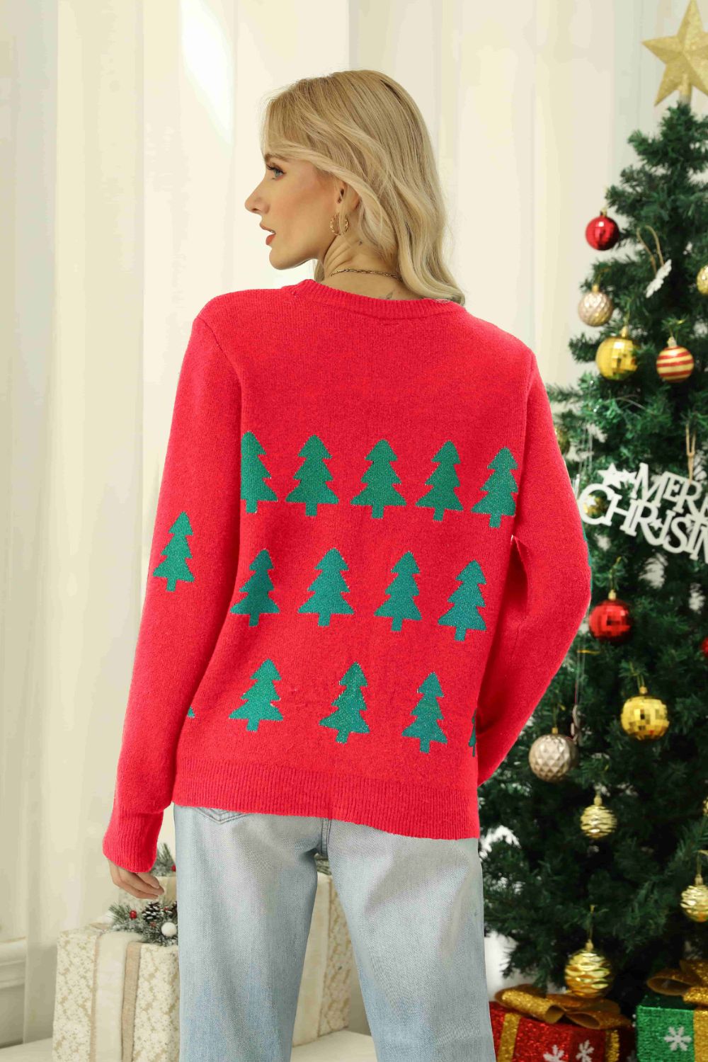Christmas Tree Round Neck Ribbed Trim Sweater, view 3