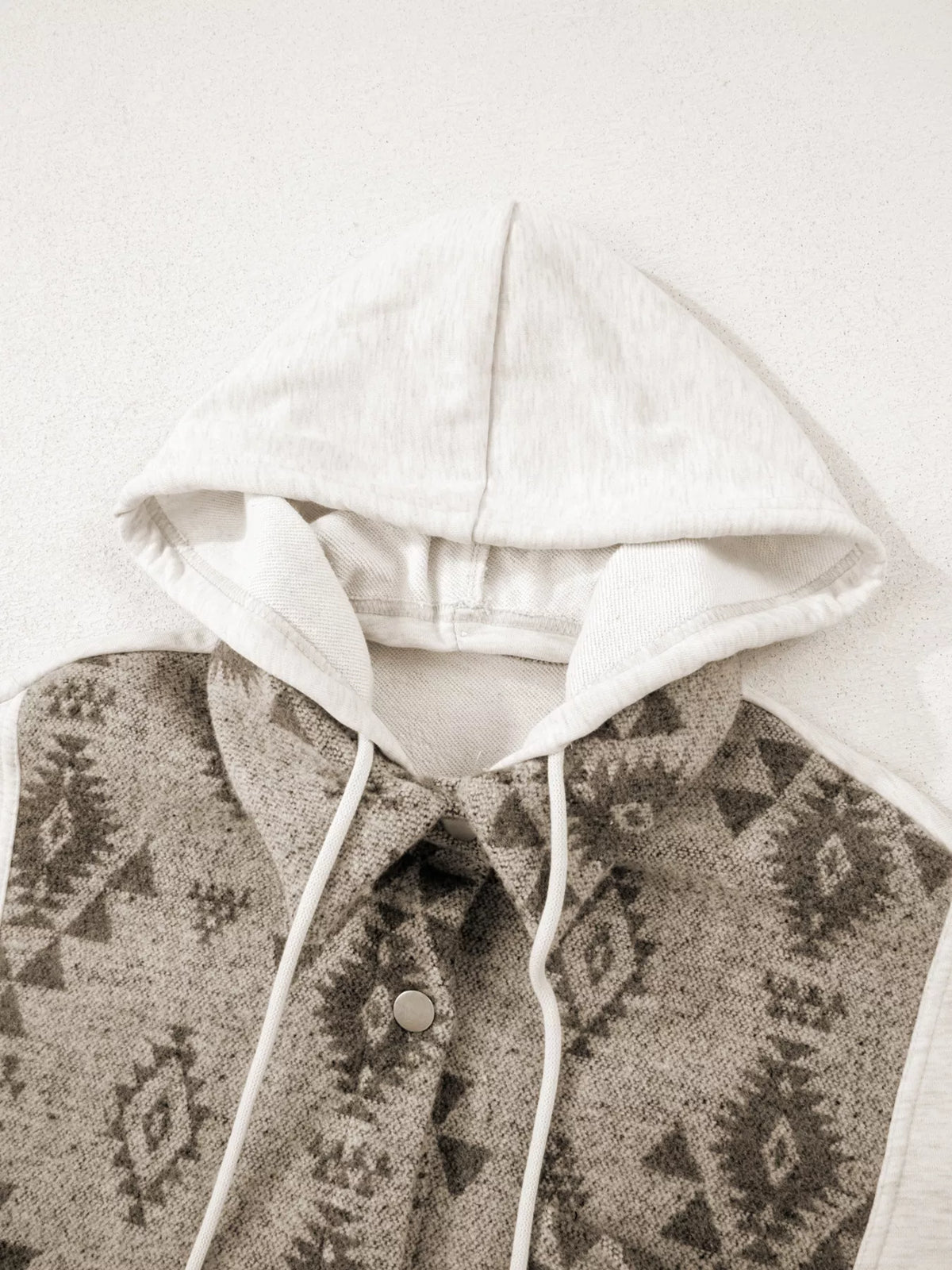 Western Aztec Print Color Block Patchwork Drawstring Hooded Shacket in Khaki, view 7