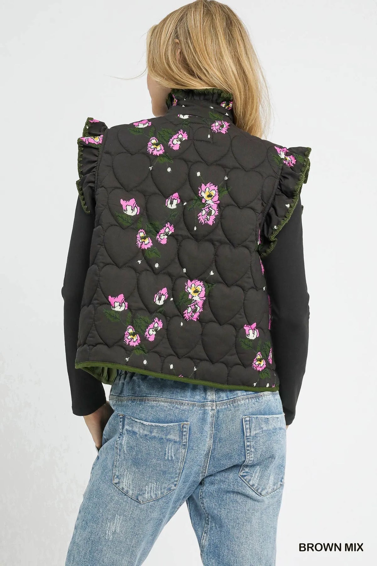 Umgee Ruffled Quilted Floral Snap Down Vest, view 4