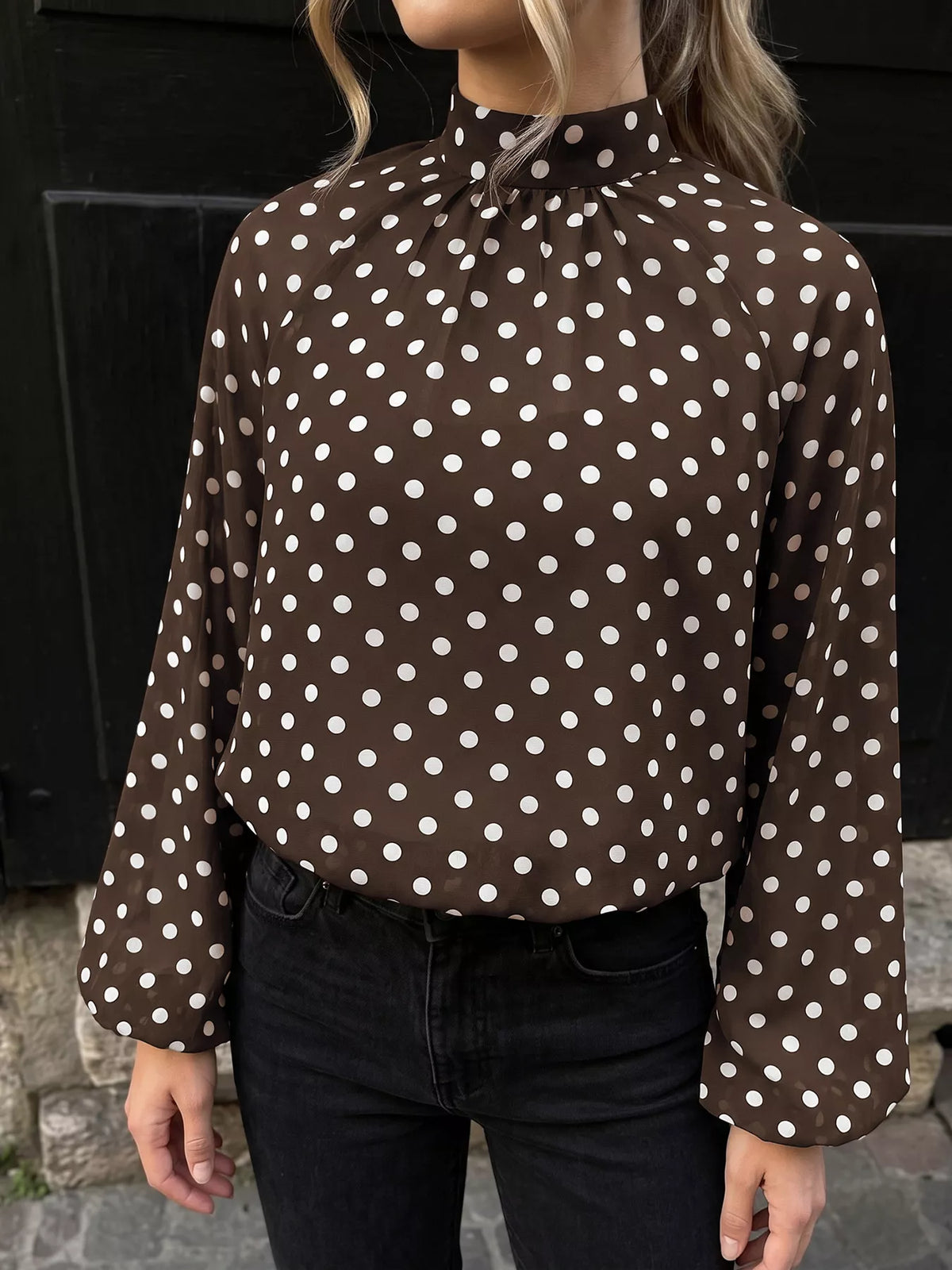 Polka Dot Mock Neck Long Sleeve Blouse - Lilixa.store