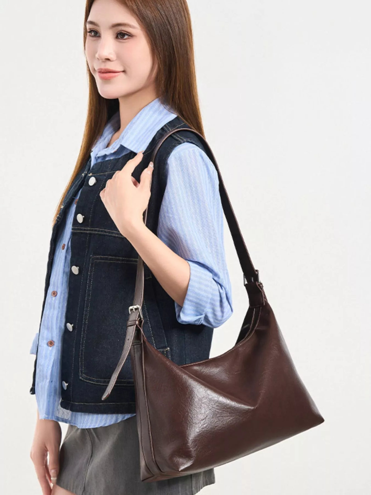 PU Leather Hobo Crossbody Bag with Adjustable Strap in Brown, view 2