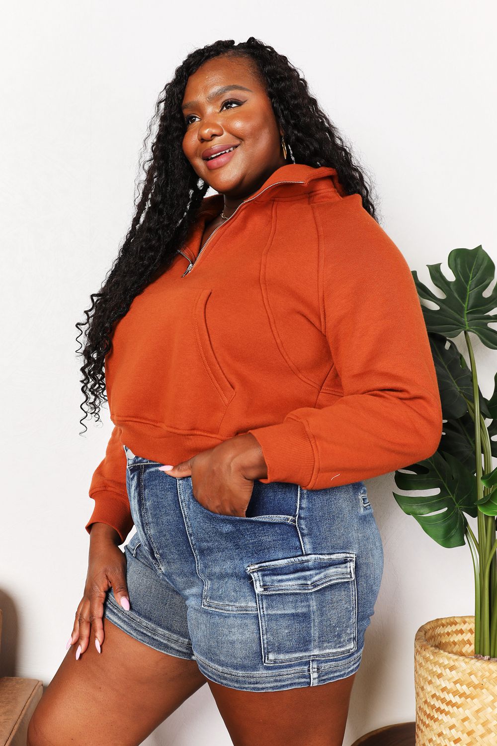 Double Take Half-Zip Long Sleeve Cropped Hoodie - Lilixa.store