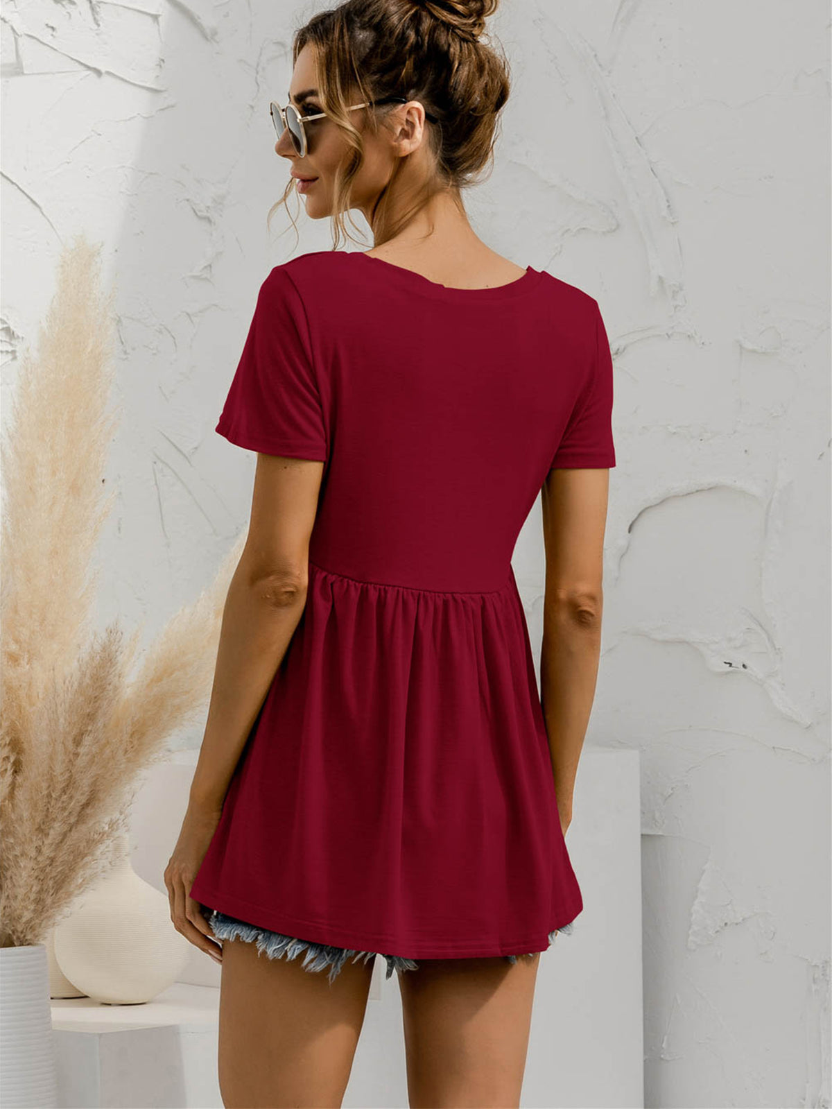 V-Neck Short Sleeve Babydoll Top, view 9