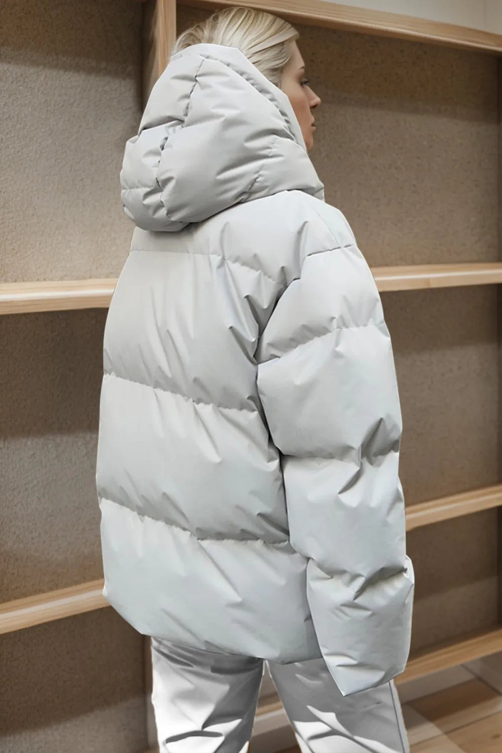 Pocketed Zip Up Hooded Puffer Jacket, view 10