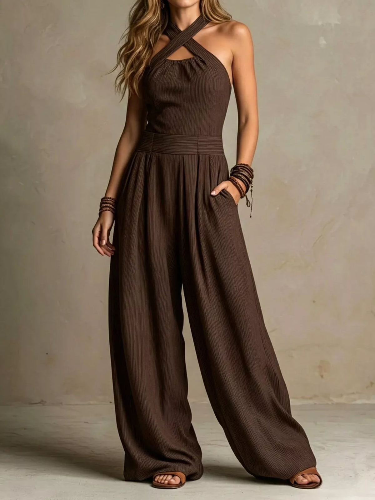 Halter Neck Wide-Leg Jumpsuit with Pockets - Lilixa.store