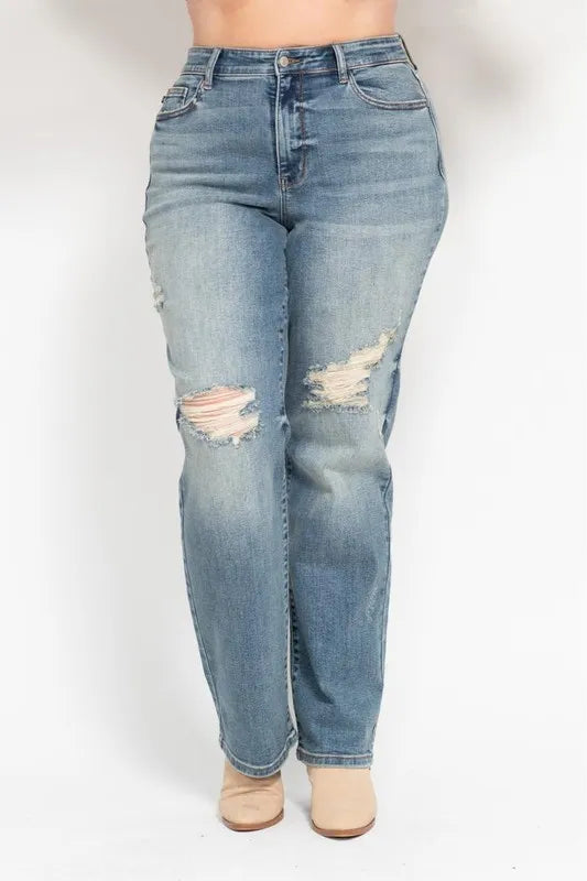 Judy Blue Full Size High Waist Distressed Dad Jean Plus Size - Lilixa.store