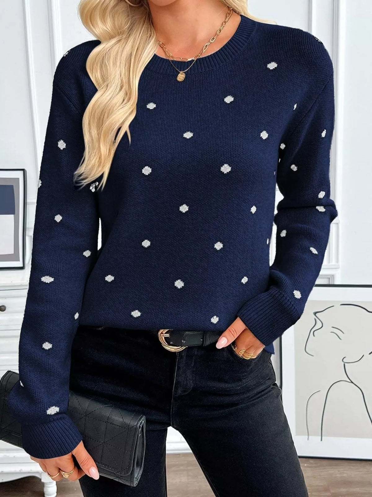 Polka Dot Crew Neck Sweater - Lilixa.store