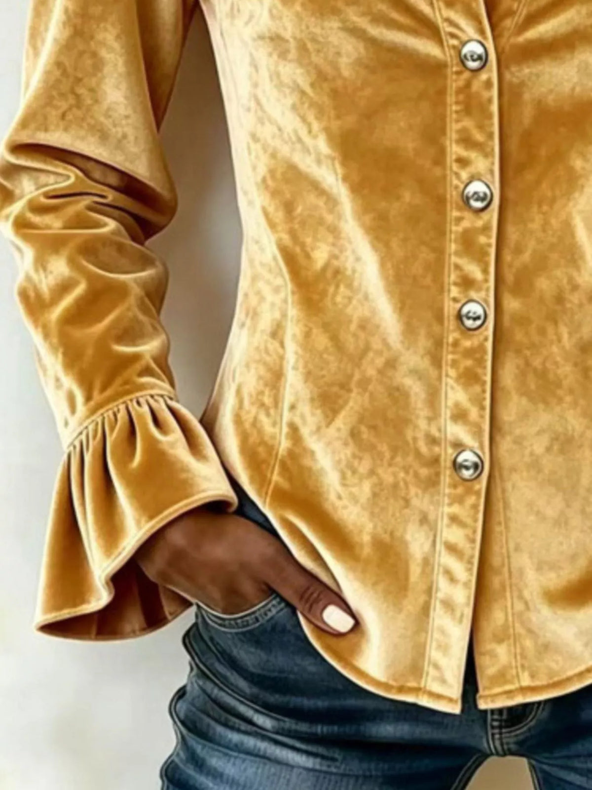Velvet Button-Down Flounce Sleeve Shirt, view 5